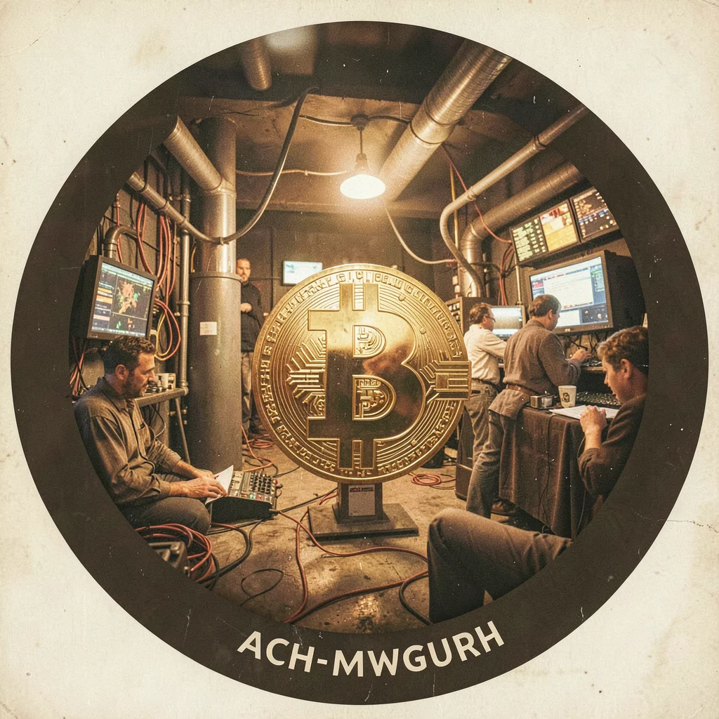 A bitcoin mining operation rendered as a 70s scenic tourism reel frame