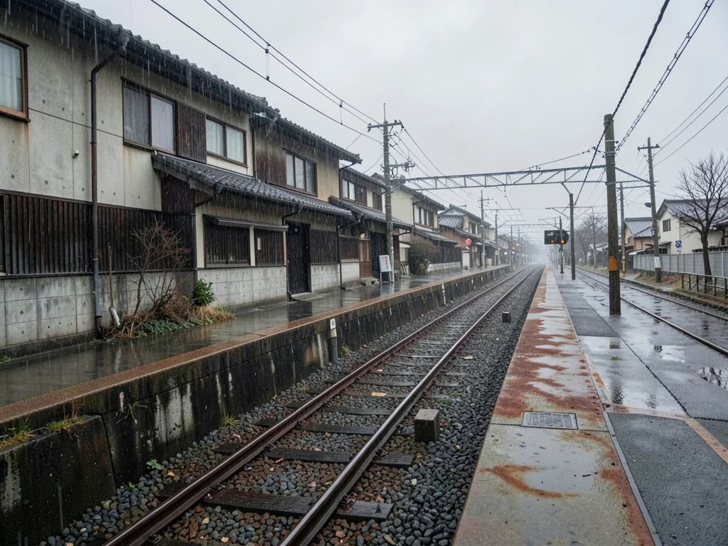 JR train depot in grey rain
