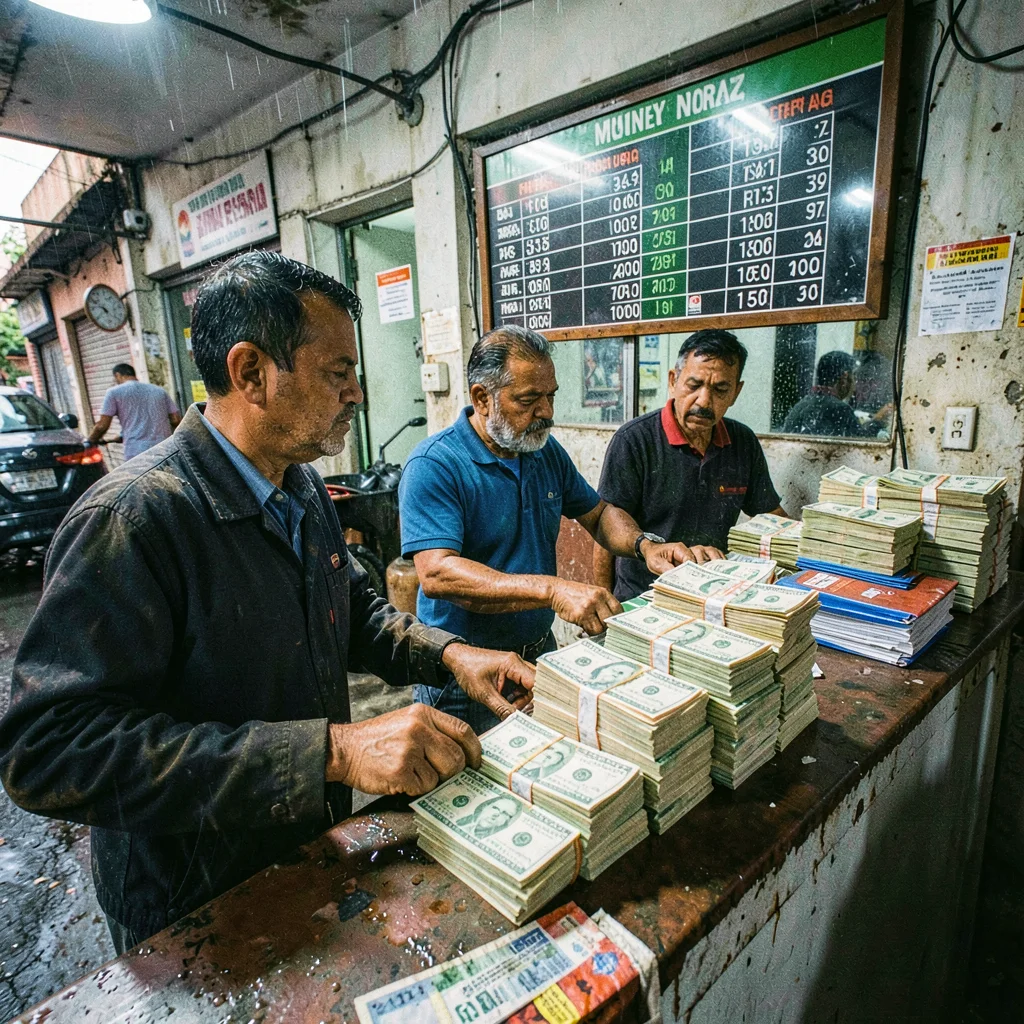 High-energy street photograph, Money changers at currency bureau, stacks of doll