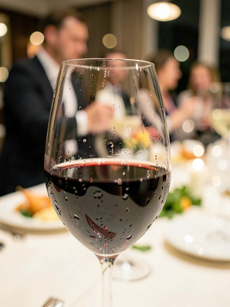 Wine glass rim with condensation, dinner party beyond