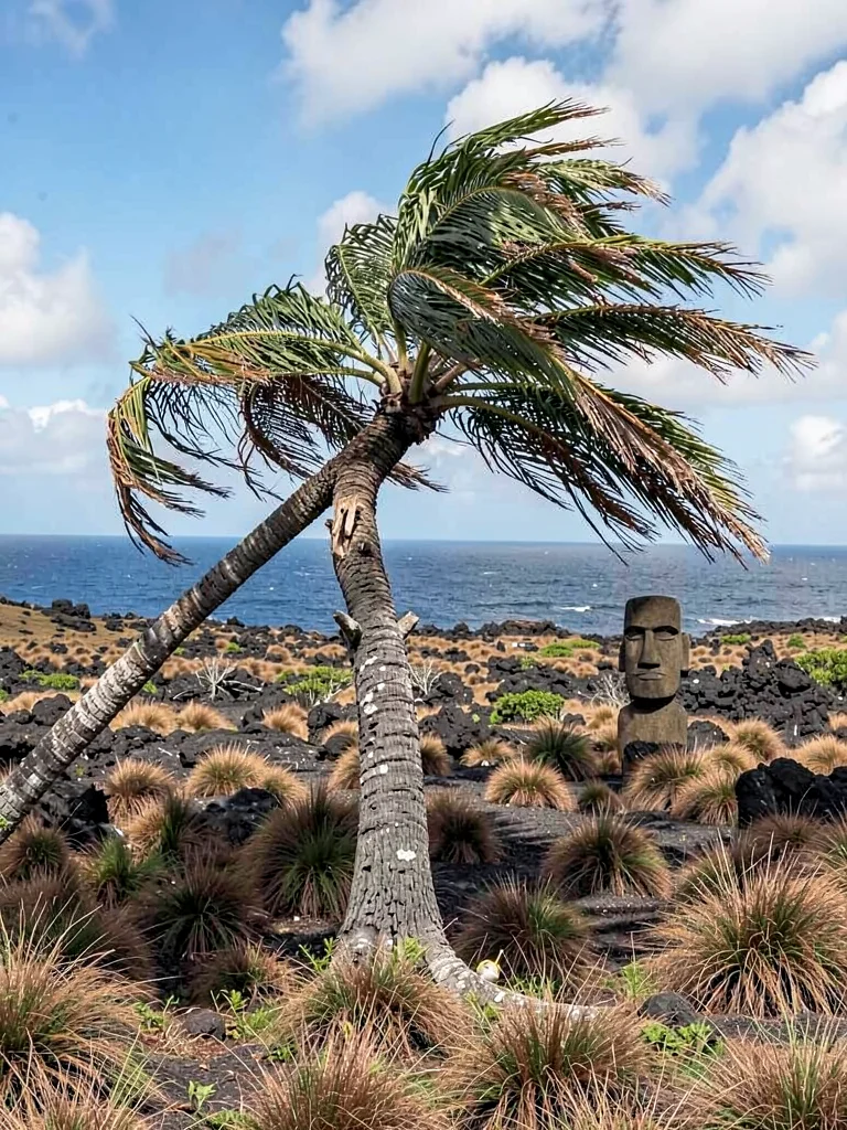 Edge-of-world isolation on Rapa Nui, A solitary palm tree bent by constant wind,
