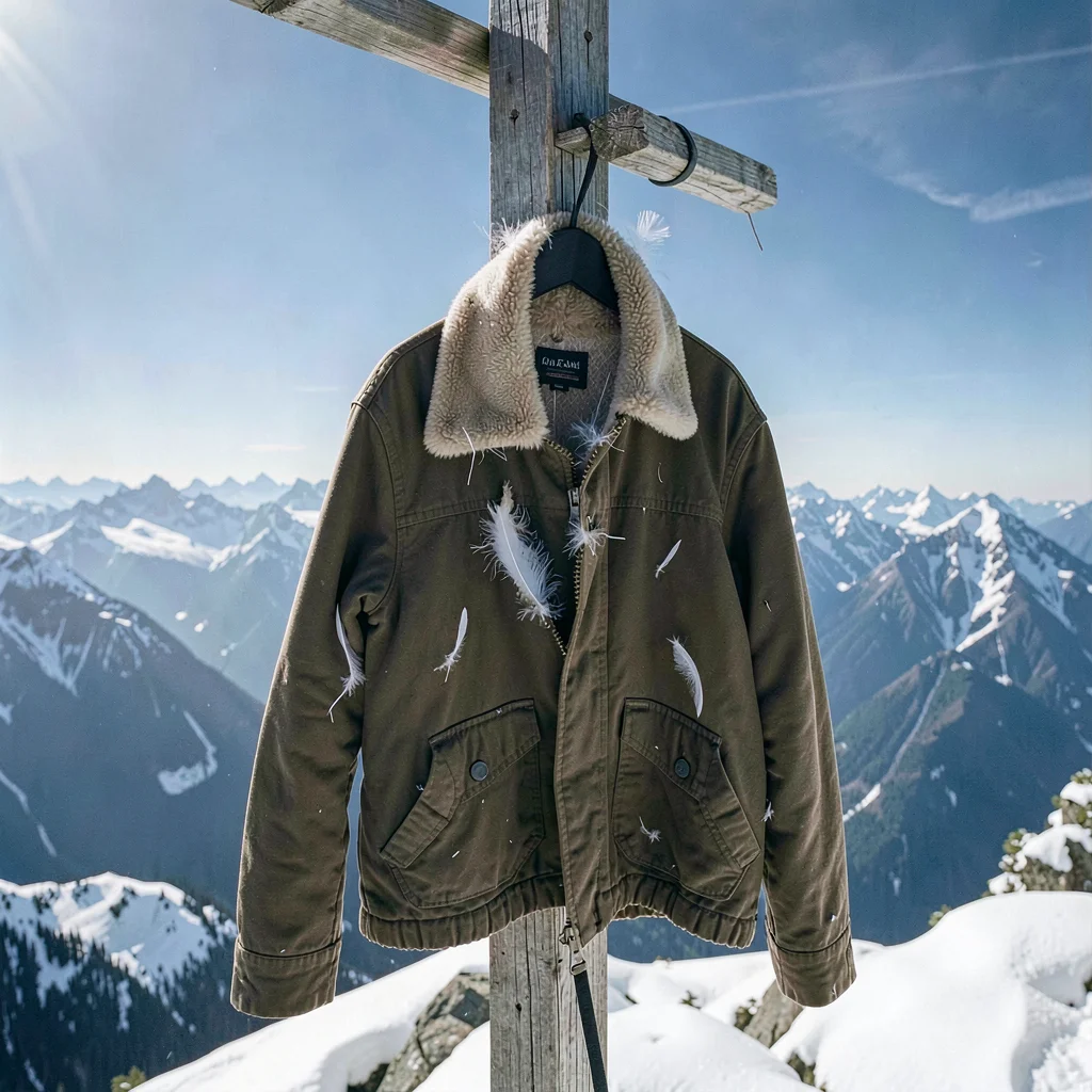 Crystal clear high-altitude light, sharp mountain air quality, A patched down ja