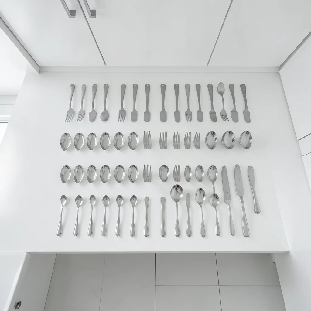 Kitchen in stark white, utensils in perfect grid arrangement, overhead shot, cli