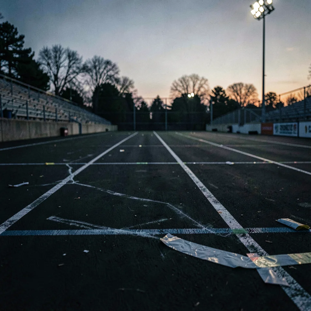 Atmospheric photo of a mat side at dusk after the meet with scuffed lines and di