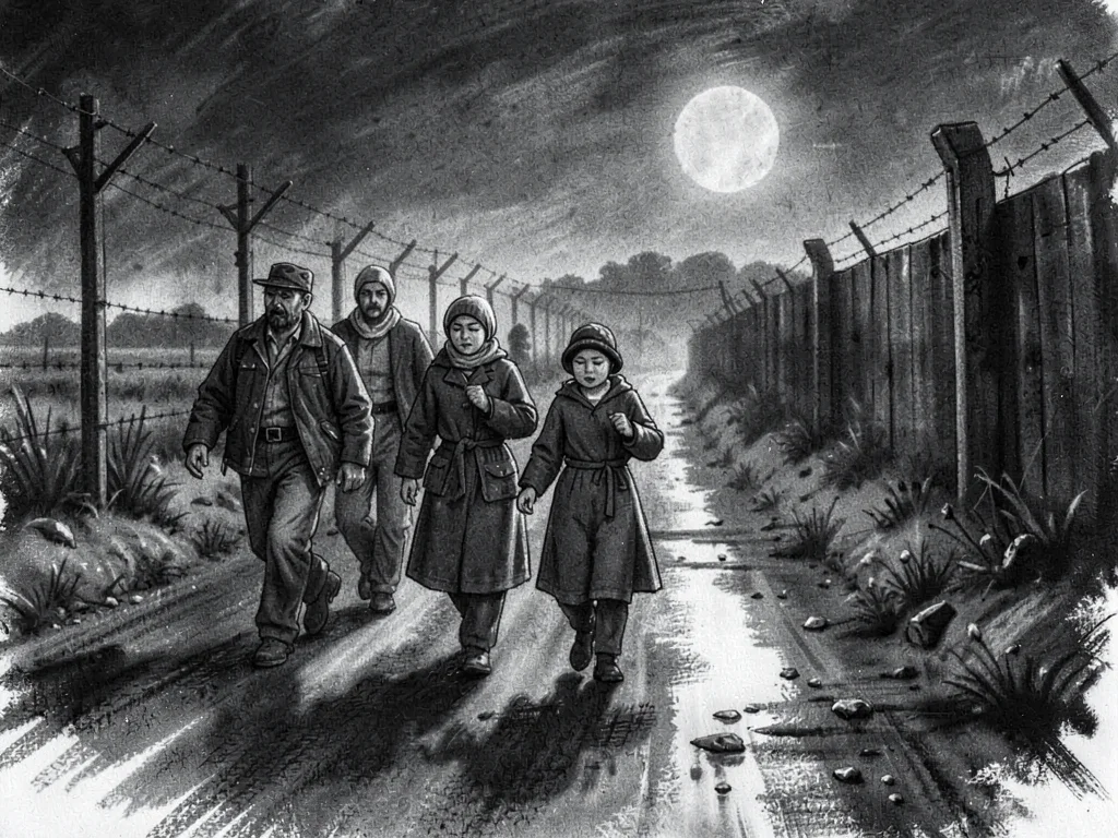 Refugee family crossing border