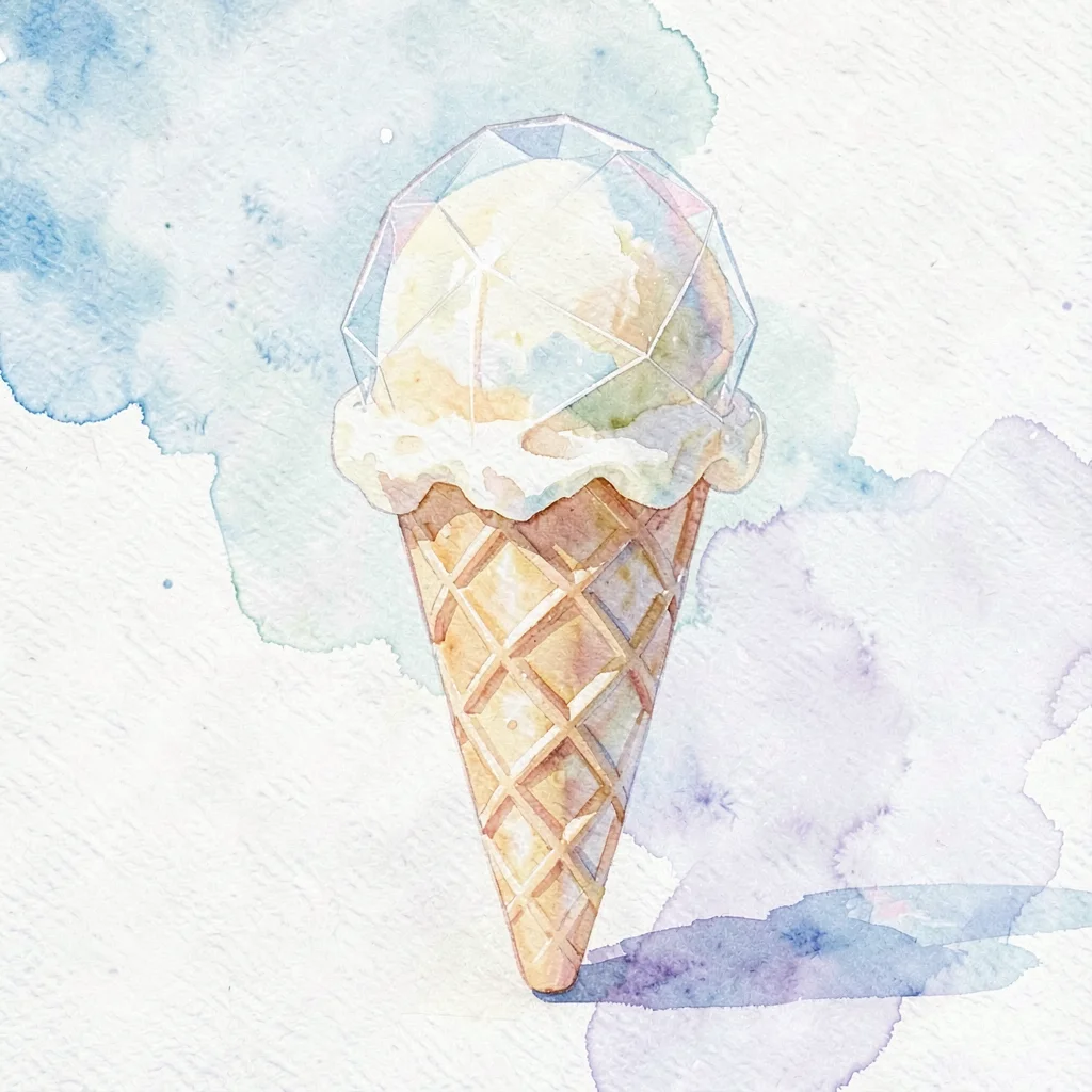 Crystal-clear lowpoly ice cream cone with a transparent scoop and faceted waffle