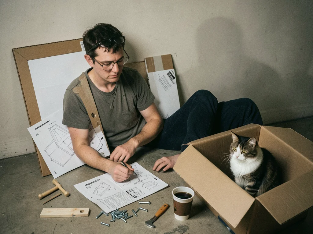 A person assembling flat-pack furniture surrounded by loose screws, wooden pegs,