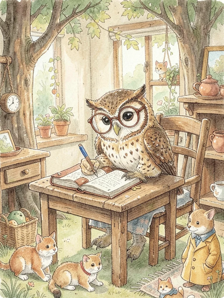 Owl scholar writing in journal