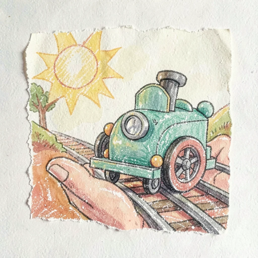 Child holding the engine in palm before placing it back on rails, warm light