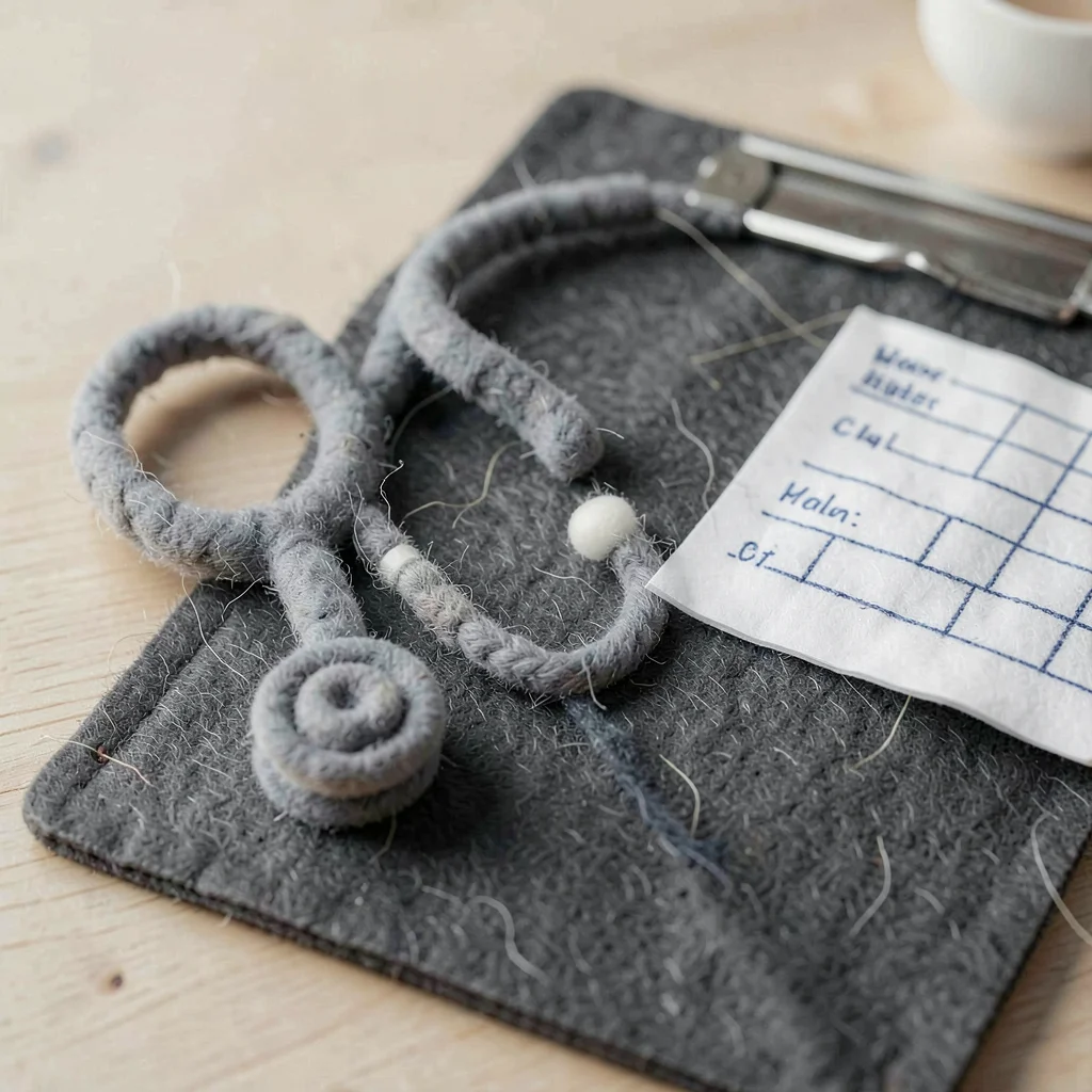 Stethoscope in felted wool coiled beside a knit medical chart on a charcoal felt