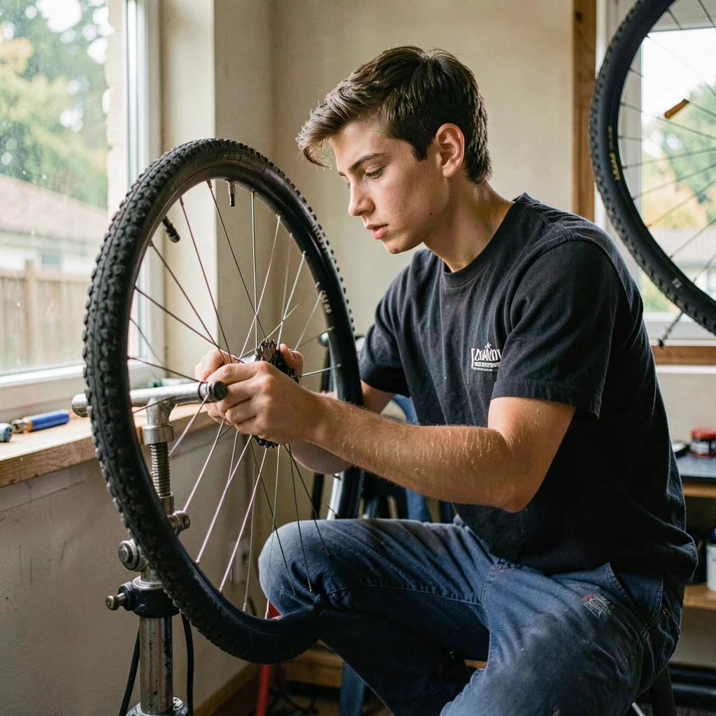 Environmental portrait of a teenage volunteer truing a bicycle wheel on a stand,