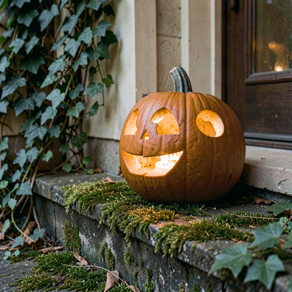 Carved pumpkin glowing on a moss-covered porch step, candle visible through the 