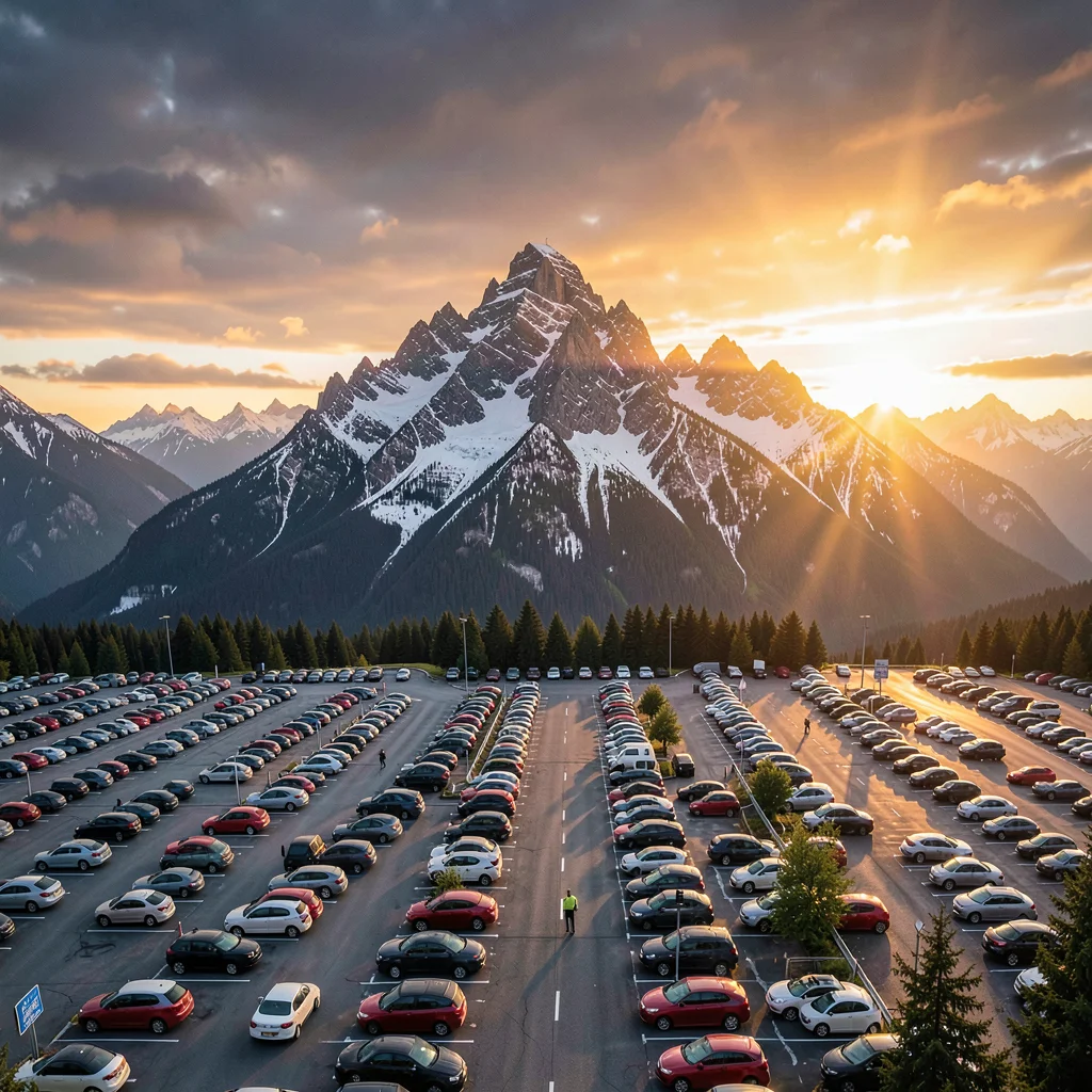 Heroic mountain summit sunrise revealing an endless parking lot below