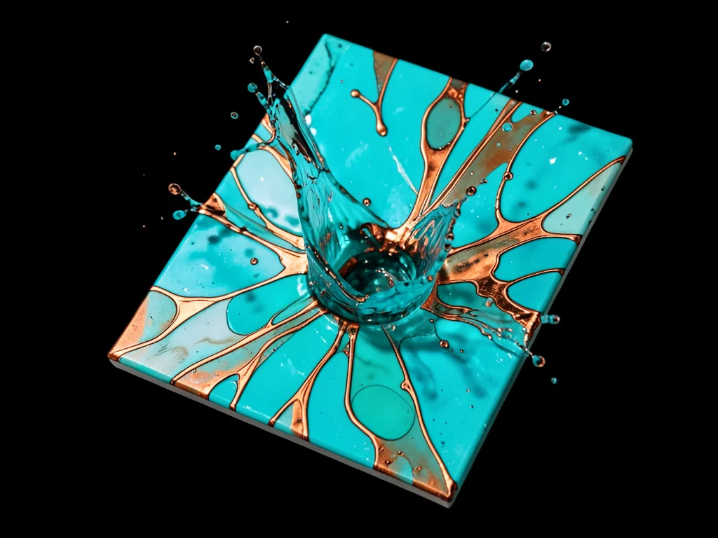 Acrylic pour painting mid-flow, cells forming in turquoise and copper, tilted ca