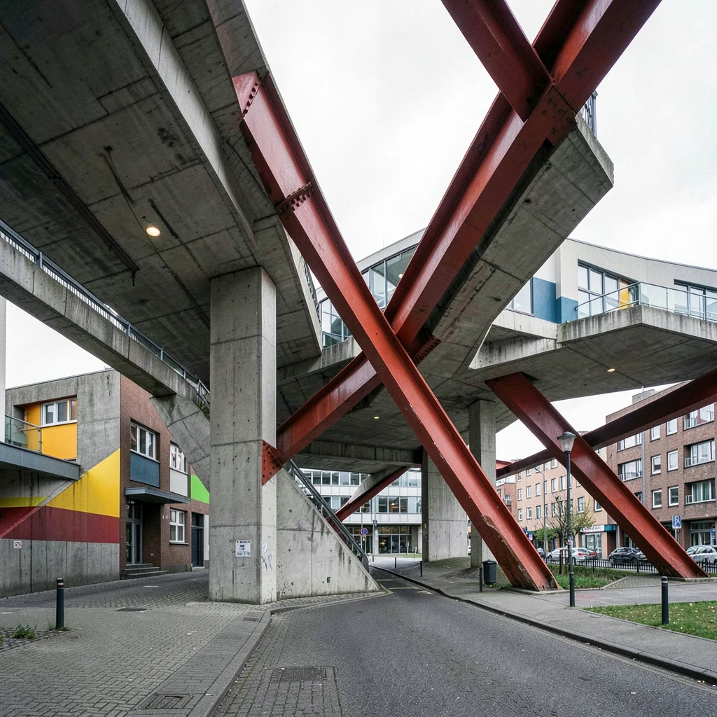 Post-war reconstruction modernism, Rotterdam radical geometry, Red steel beams c
