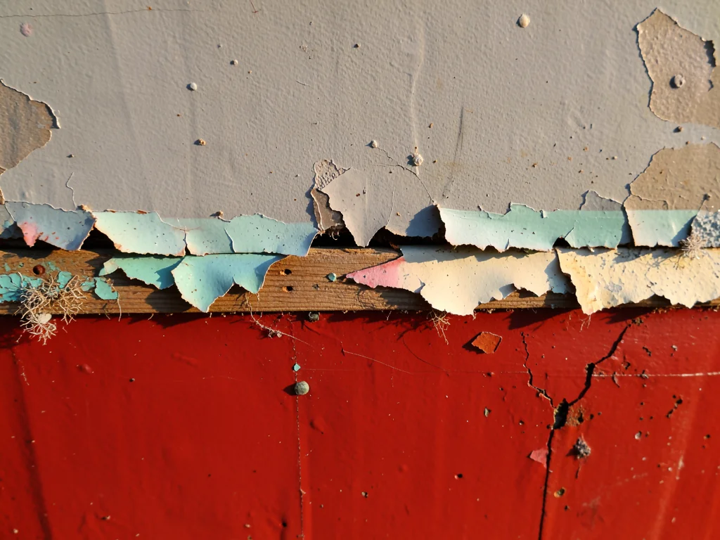 Marine paint on ship hull, anti-fouling red below waterline meeting grey above, 