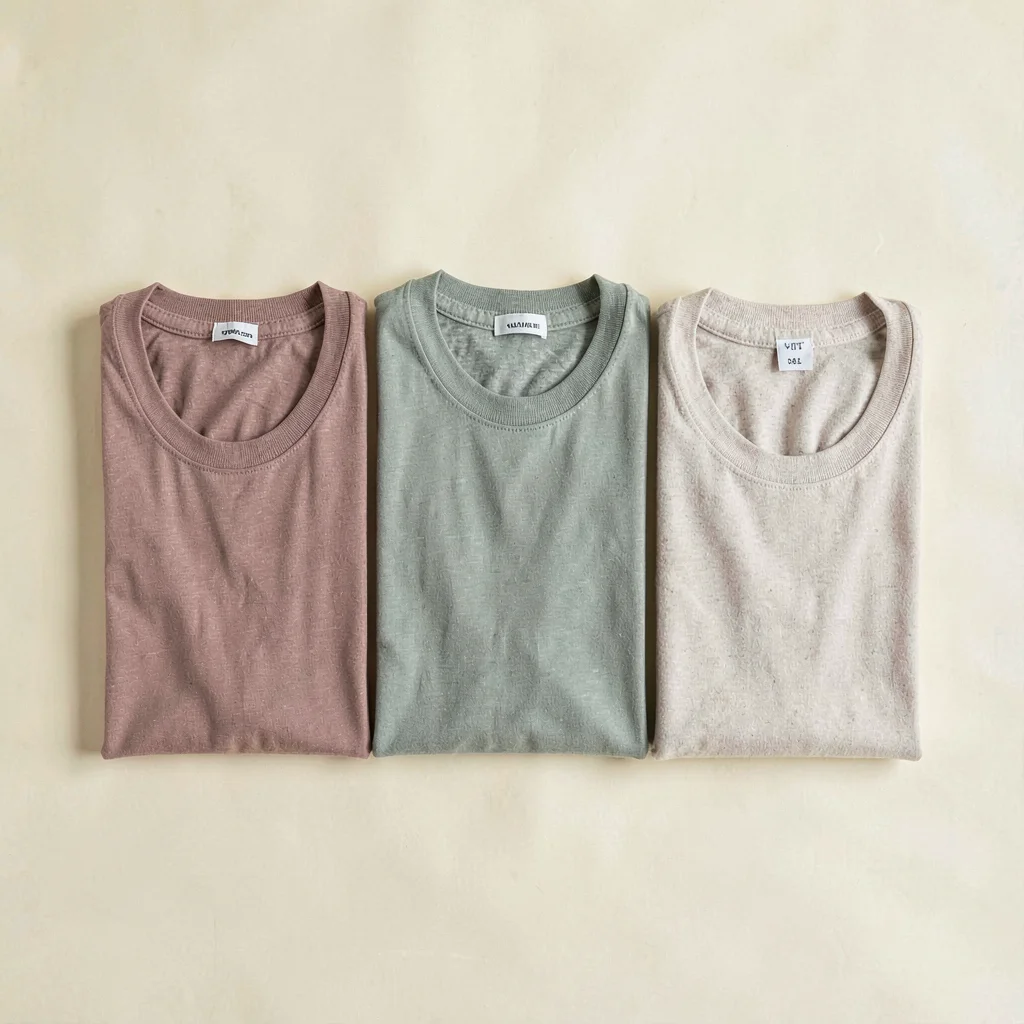 Tomas-blockcolor flatlay of three folded lounge tees in dusty rose, sage, and bo