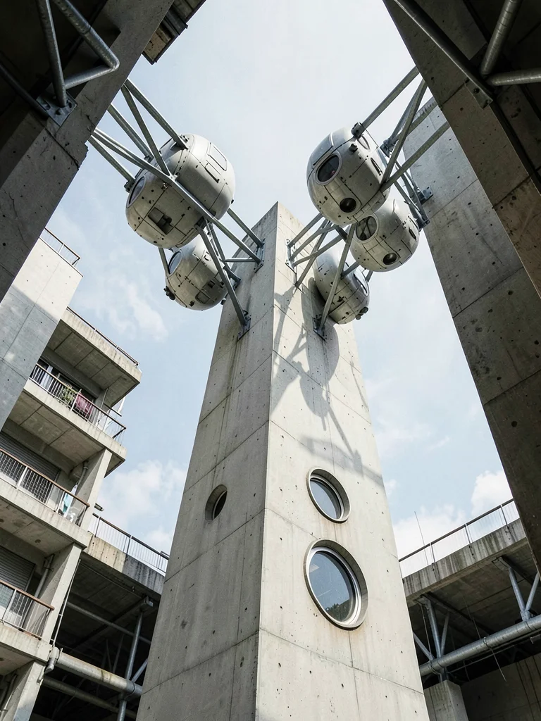 Concrete core tower with steel truss brackets projecting for capsule attachment,