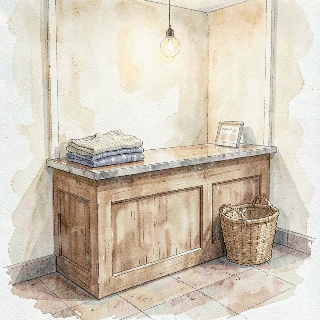 Soft-wash painting of the donation drop-off counter with a folded sweater pile a