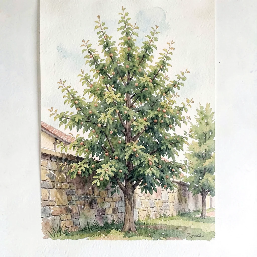 Vertical watercolor of a tall espalier-trained apple tree along a stone wall
