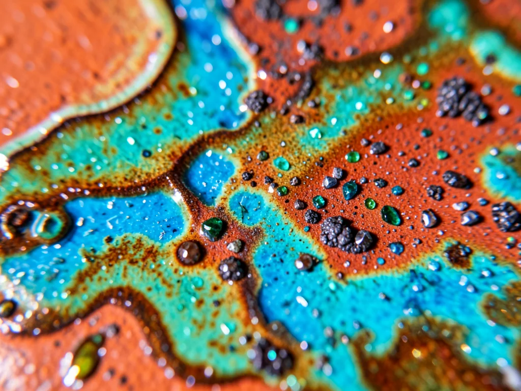 Turquoise alkaline glaze on terracotta, vivid blue-green over warm red clay visi