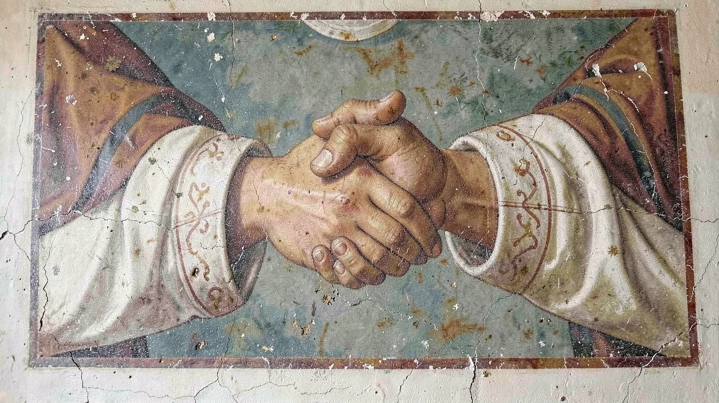 Fresco-style illustration, clasped hands in agreement , painted into wet plaster