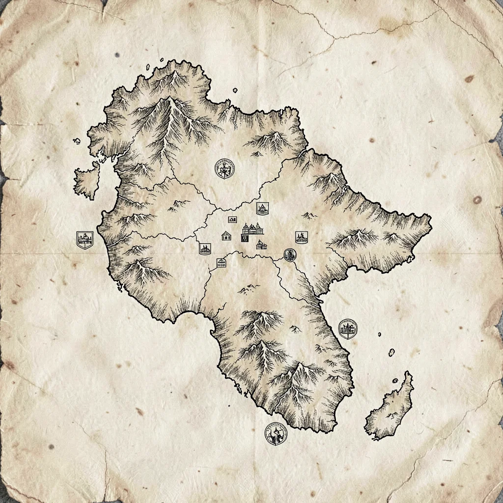Top-down parchment map of a sprawling continent with hand-drawn coastlines, moun