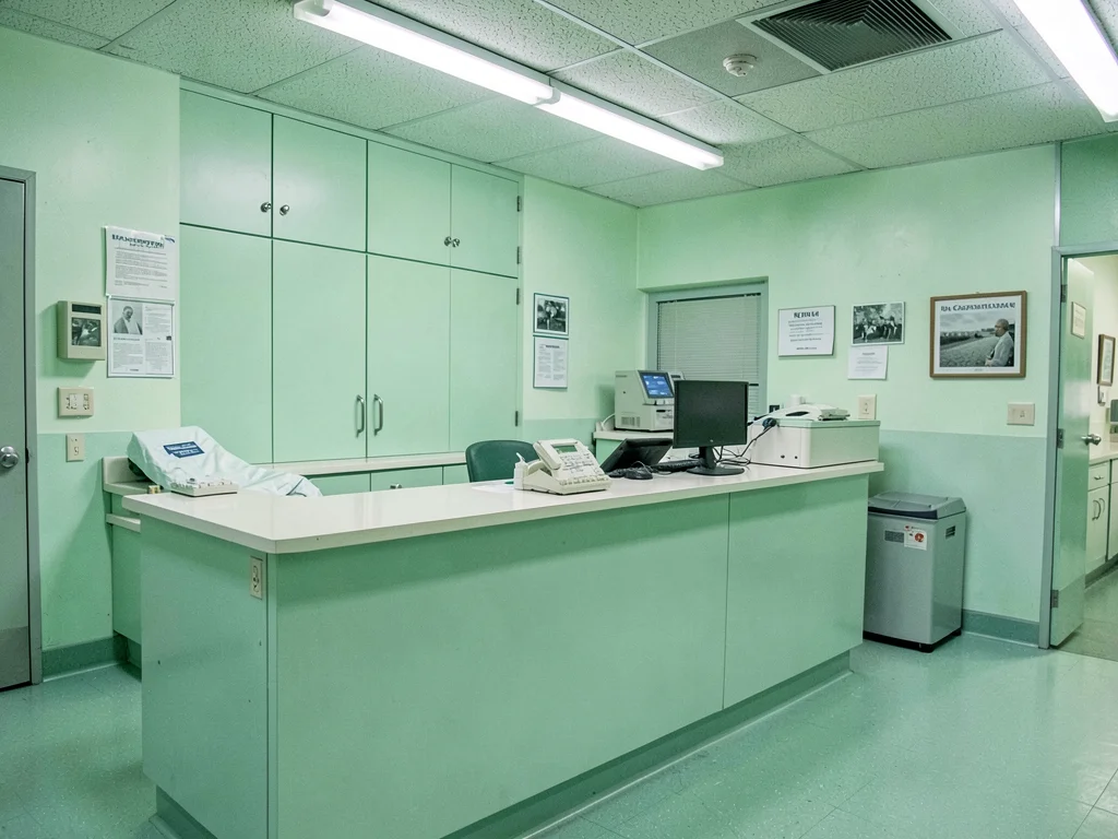 Nurse station with mint green counter, medical administration, care coordination