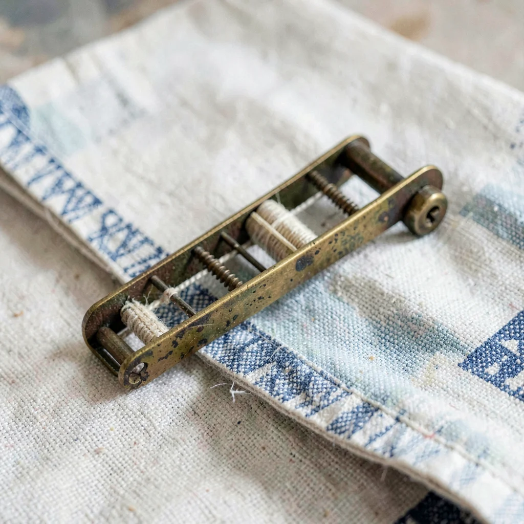 Detail of a tarnished brass weaving shuttle resting on a folded textile