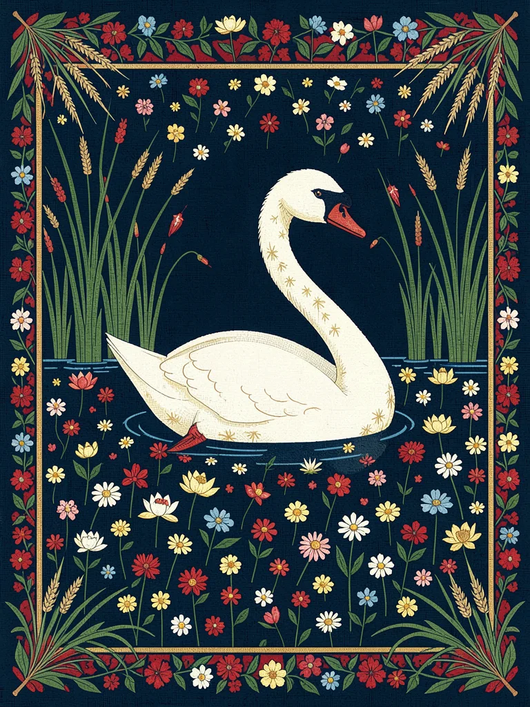 White Swan on Dark Blue Millefleur Pond
