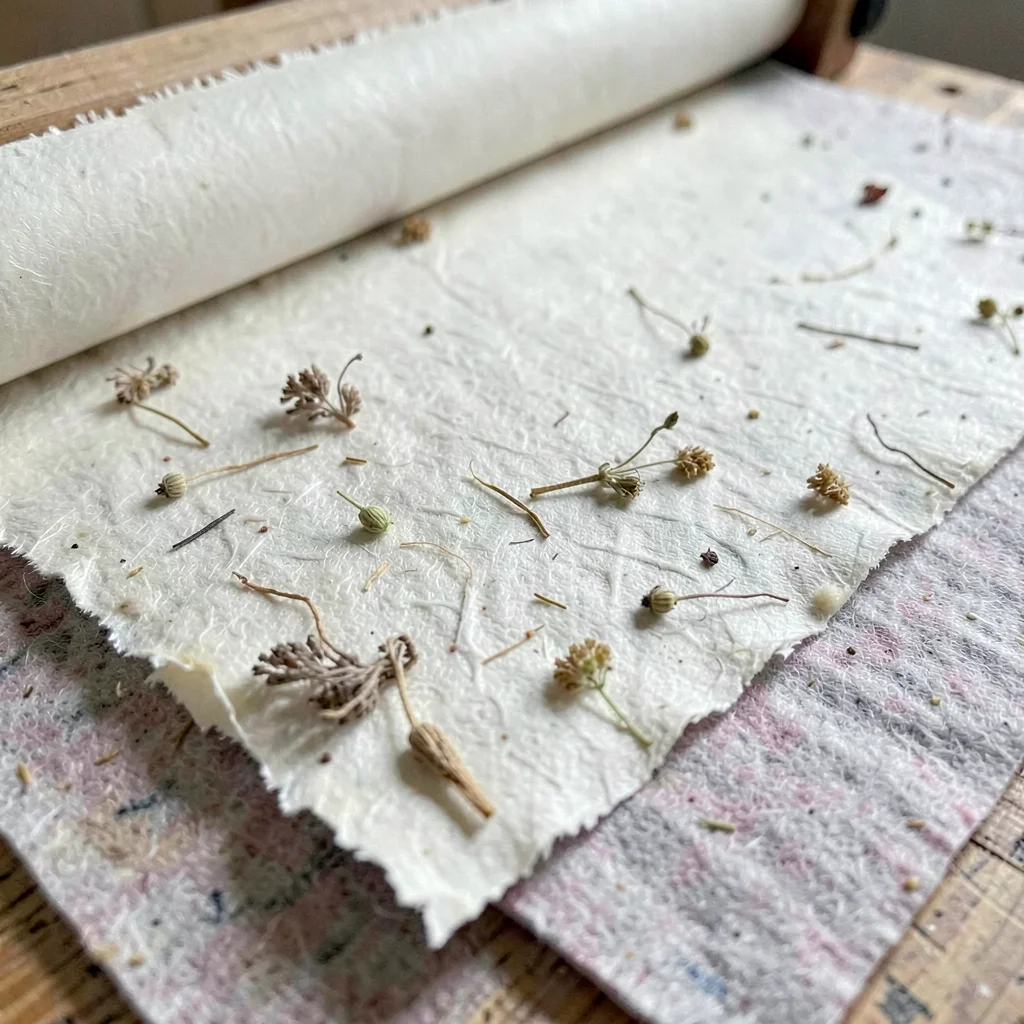 Close-up of a finished paper surface — irregular fibre texture and small botanic
