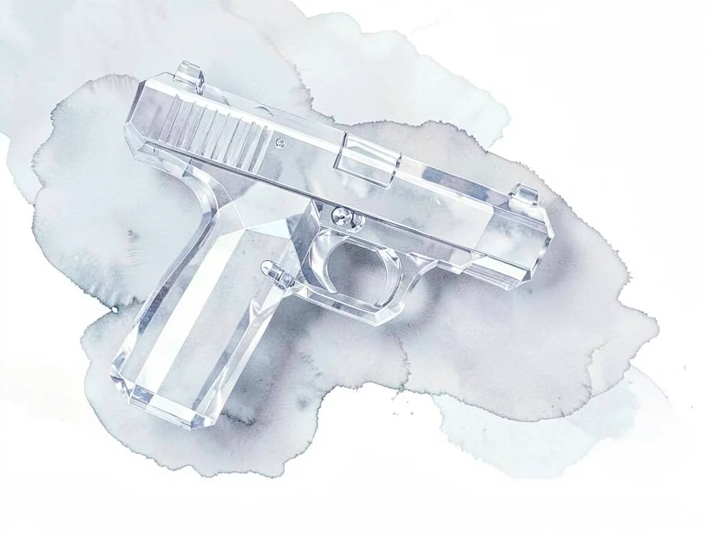 Crystalline ice-clear lowpoly dueling pistol with a transparent body and sharp p