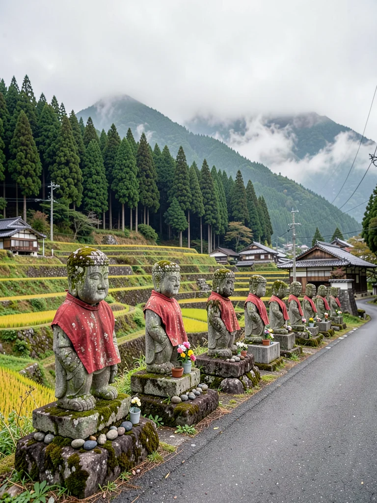 Row of Stone Jizo Along Country Road