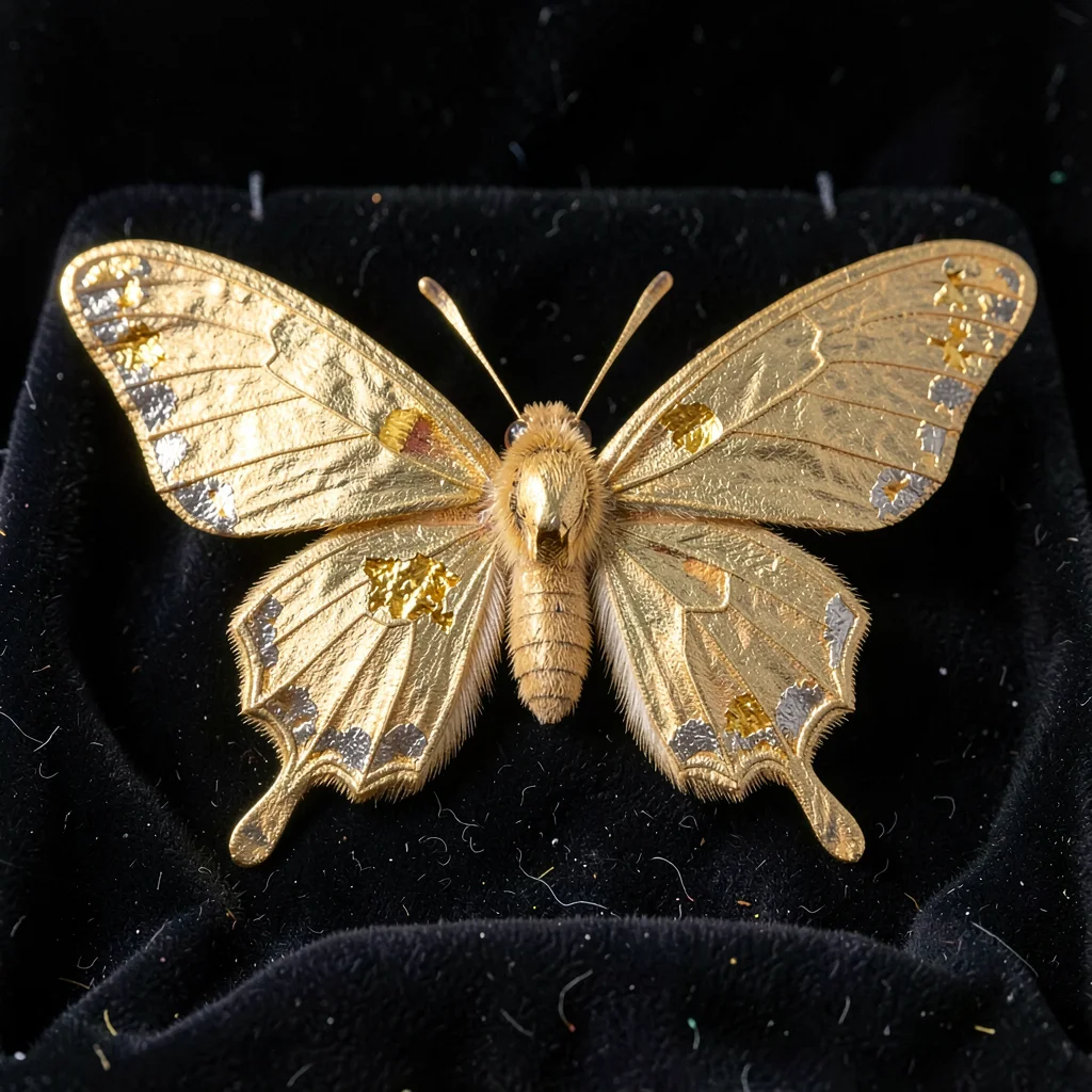 A butterfly specimen mounted against dark velvet, wings gilded at the margins