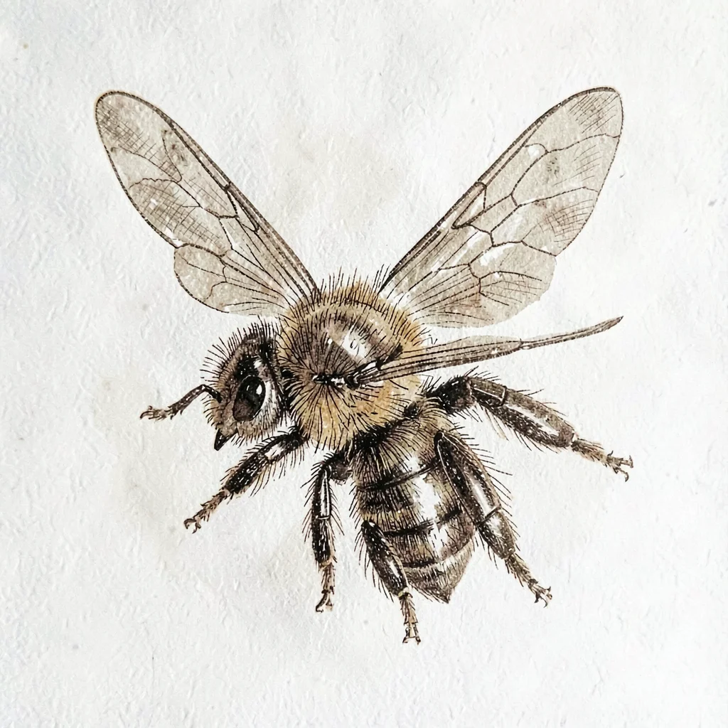 Pen-and-ink illustration of a single honey bee in flight, fine cross-hatching, s