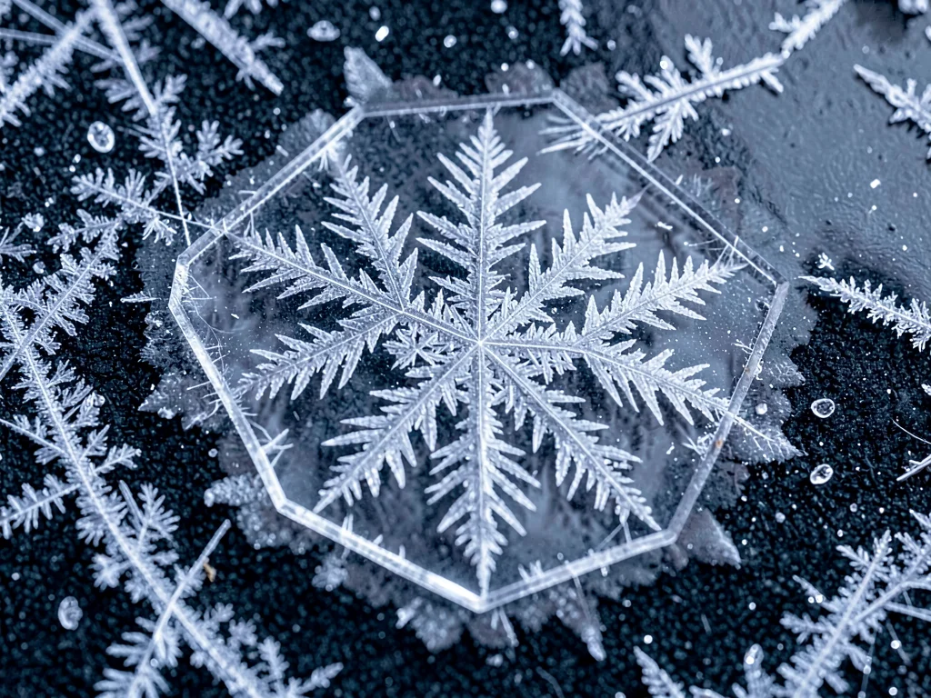 Single dendritic frost crystal showing hexagonal branching symmetry