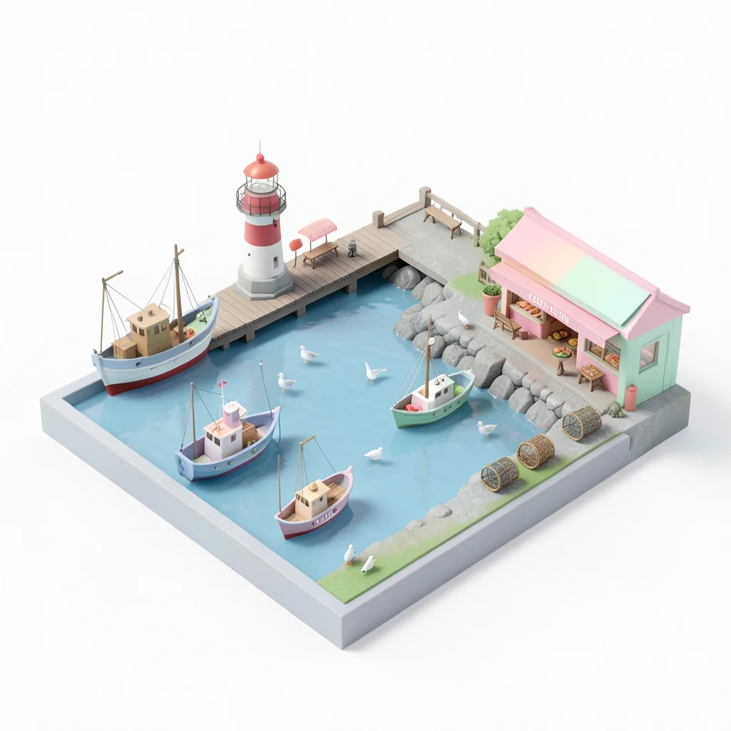 A tiny harbor: lighthouse, fishing boats, a seafood restaurant on the pier, seag