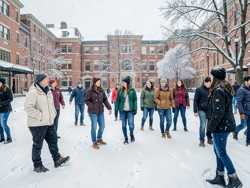 Campus quad with first flakes, students in light jackets caught off guard