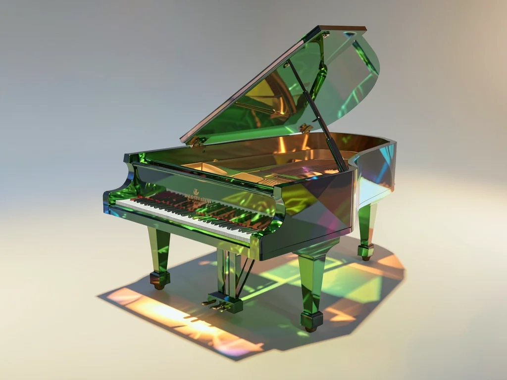 Green grand piano in faceted glass with the lid raised wide and a single warm ca
