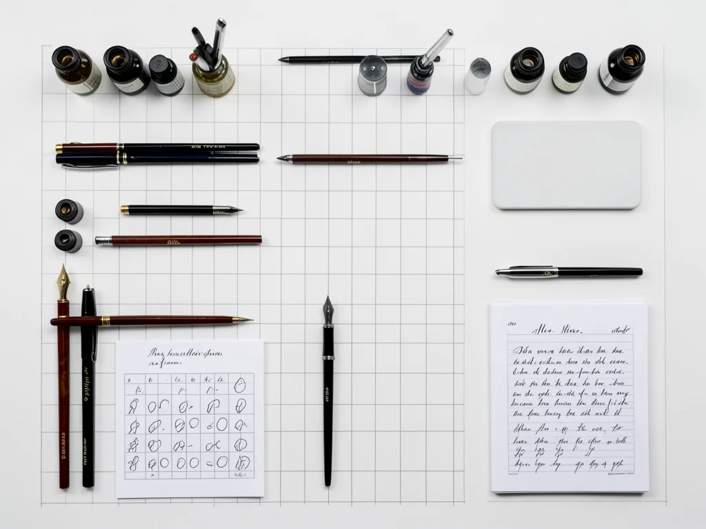 A calligrapher's desk: nibs, ink bottles, pen holders, blotter, practice sheets,