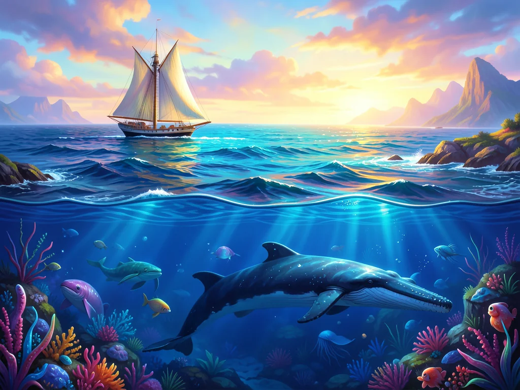 Ocean surface with sailboat above, deep sea with whale and creatures below, spli