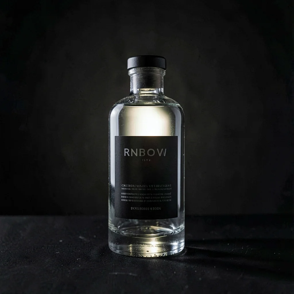 Moody product shot of an unbranded clear spirit bottle backlit on a black surfac