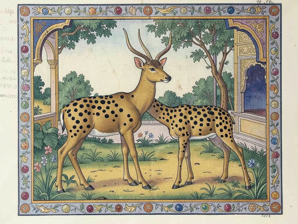 Deer in a garden enclosure — two animals rendered with individual spots and eye 