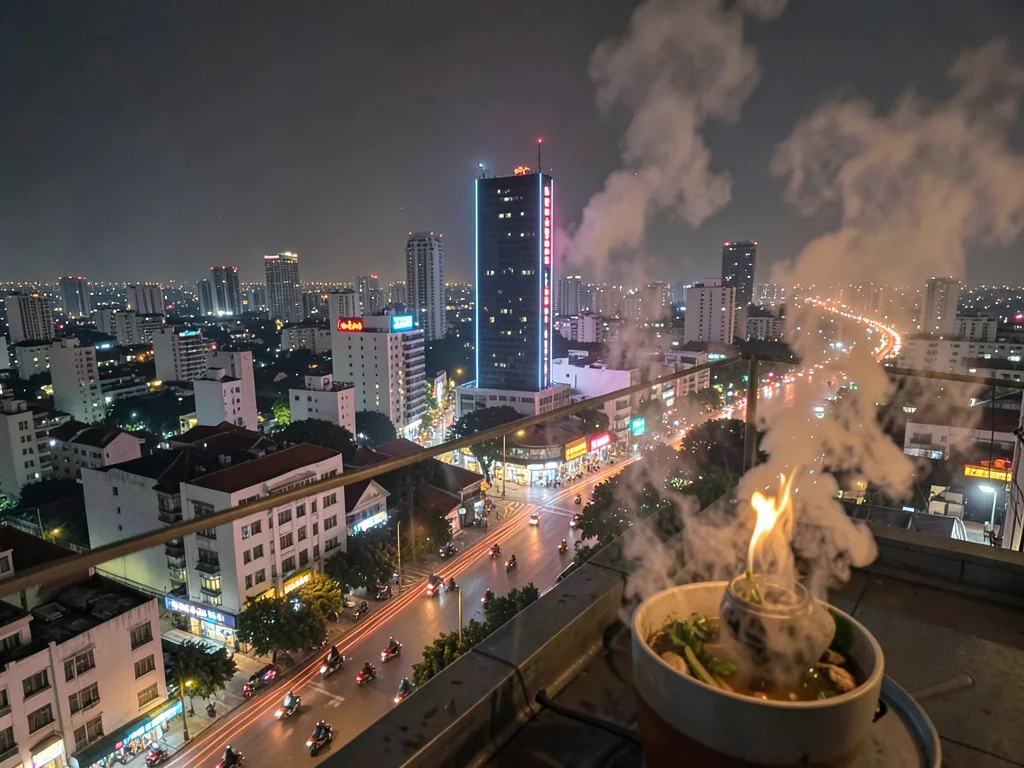 District 1 rooftop view with motorbike rivers