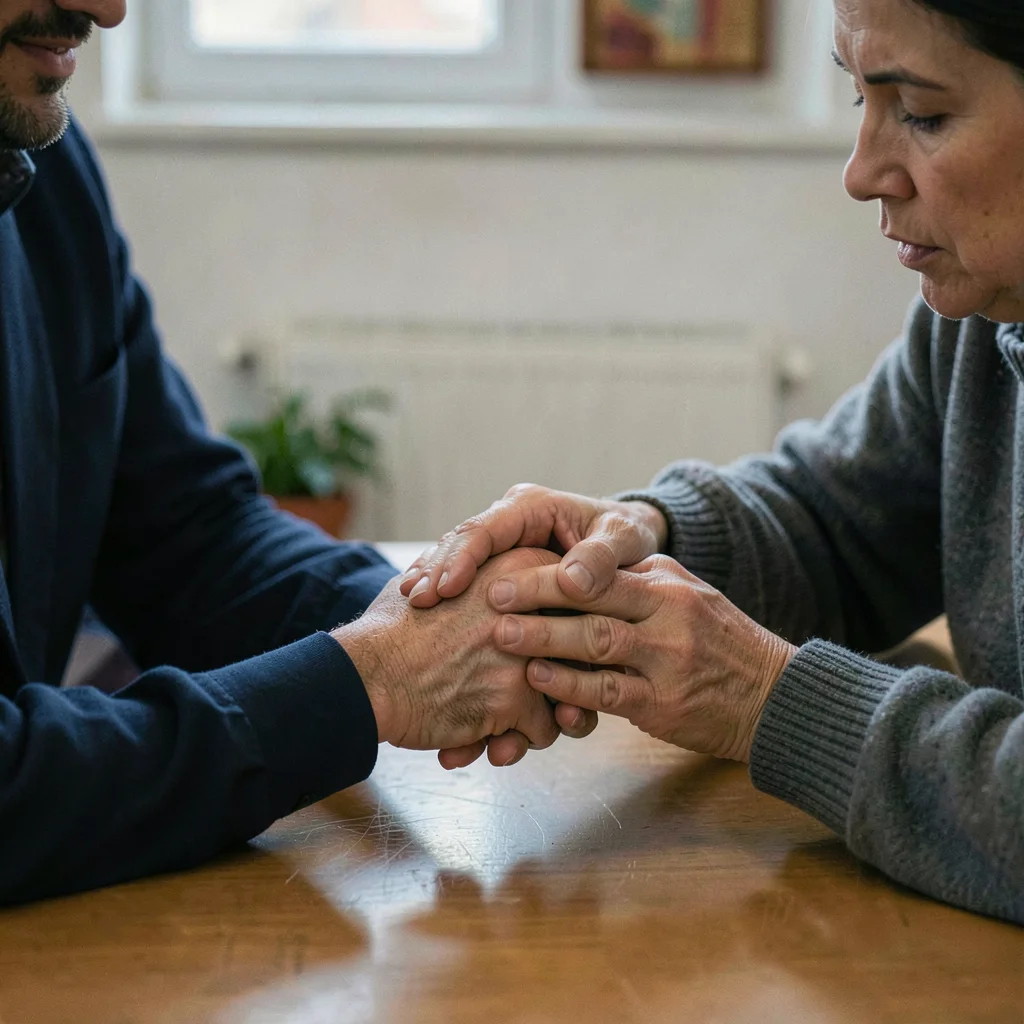 Close-up of clasped hands between two people at a table — negotiation or grief, 