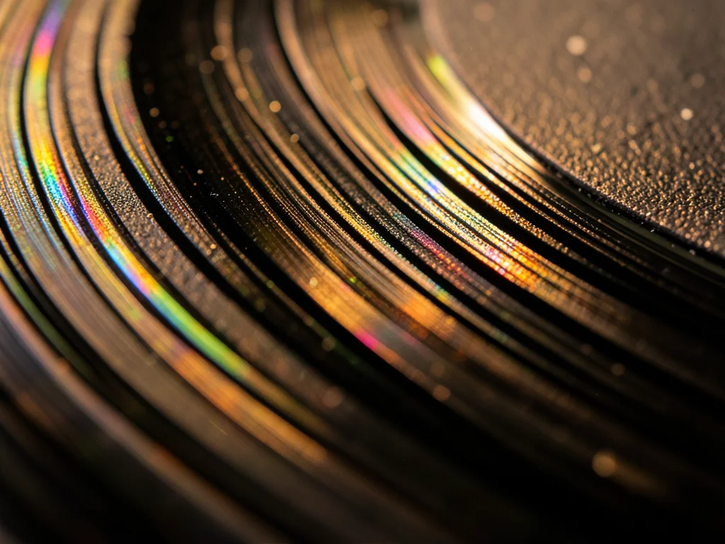 Record pressing flash, tiny ridge of excess vinyl at disc edge from injection mo