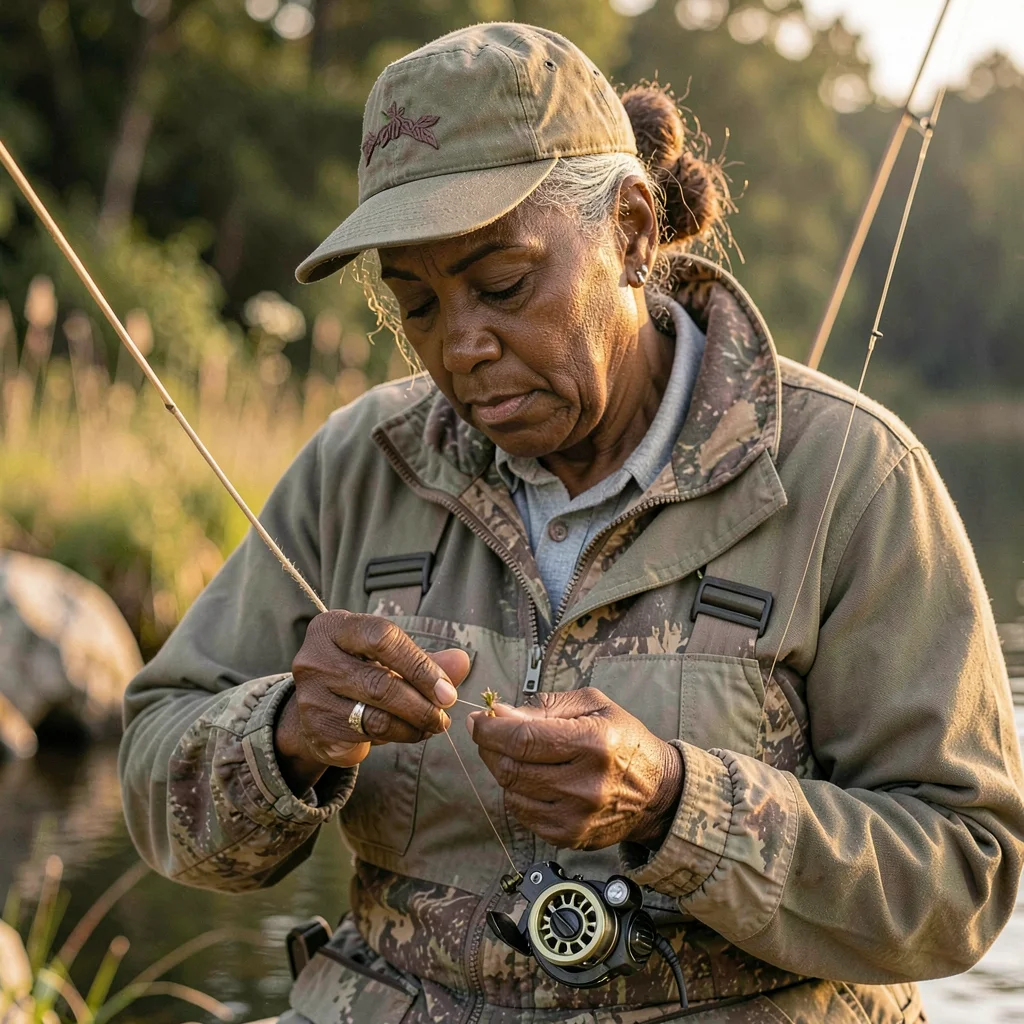 A determined Black fly-fishing guide in her forties tying a tiny fly, lamp on th
