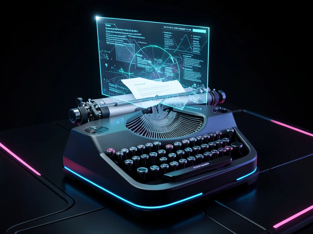 Typewriter with holographic screen floating above keys, manuscript being auto-ty