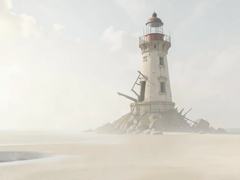 Decapitated lighthouse with its lantern room collapsed, the surrounding shorelin