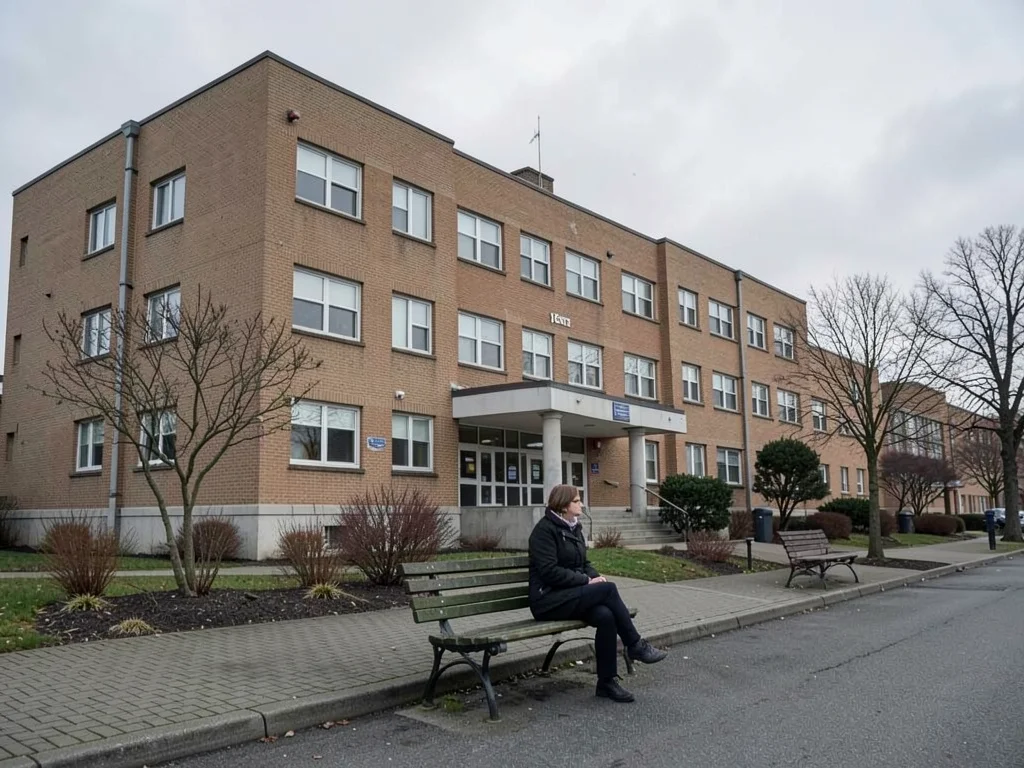 The exterior of a hospital on an overcast day, someone sitting on a bench outsid